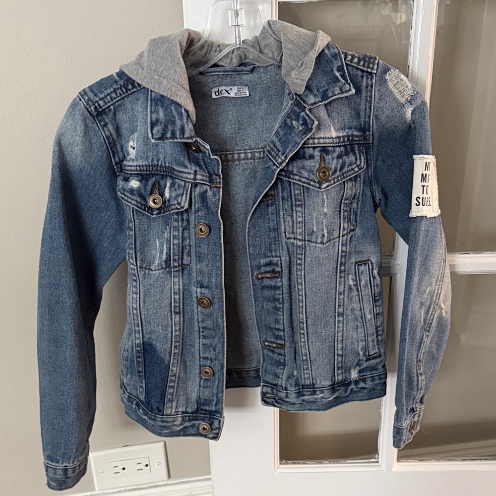 Dex Kids Blue Denim Jacket with removable Gray Hood and patches size Medium